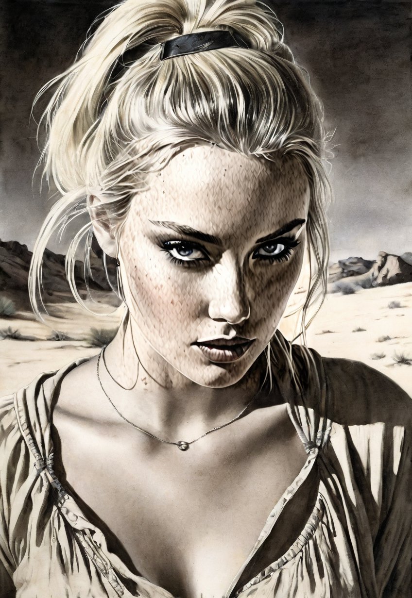 Complex horror movie, (Britt Lind, a beautiful blonde woman, is kidnapped in the desert and escapes from a captive hut with several other women to confront the perpetrator with a gun: 1.2), (Creepy, Shadow, Gloomy, Dark Atmosphere: 1.1) photography, pencil, watercolor, bright and rich colors, Gabriele Dello, Charles Victor Tillion, Karl Eugen Kiel, Carl Lundgren, pencil drawing, ((Close-up angle))