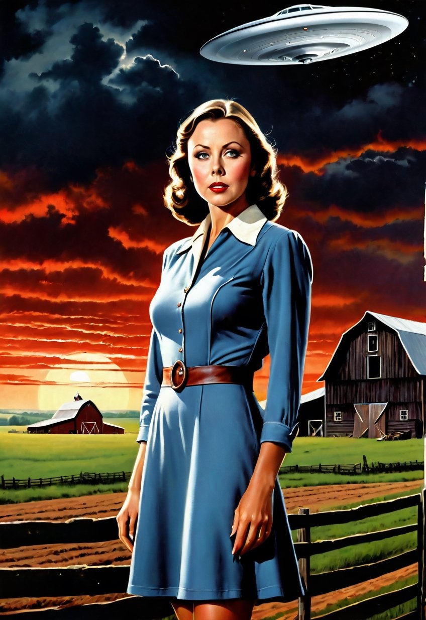 1930s,  a Jenny Agutter stands on a farm site with a creepy barn (in full view of the landscape),  (highly detailed HD) by...