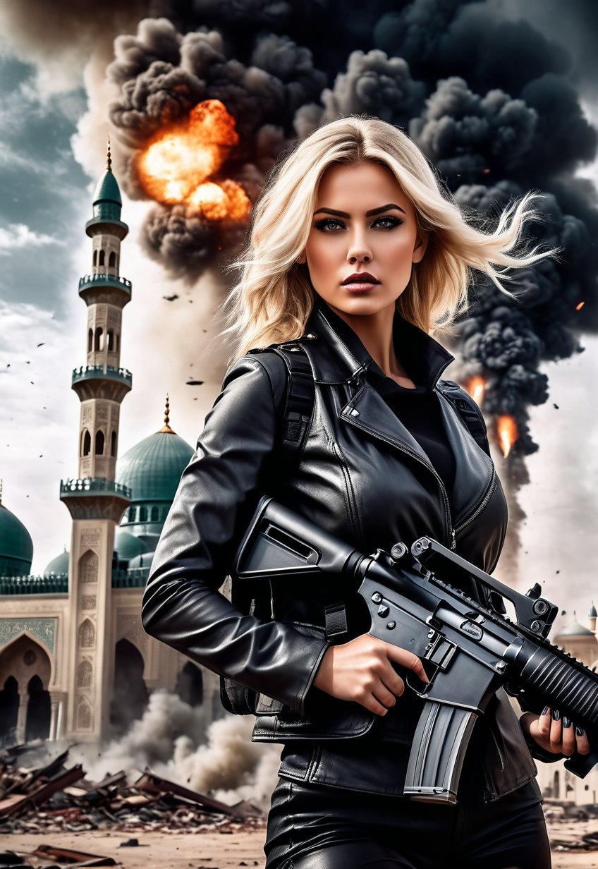 Beautiful American blonde woman in killer style, machine gun in hand, in front of an exploding mosque, ominous sky, dramatic angle, realistic and detailed horror movie style, surreal, masterpiece,