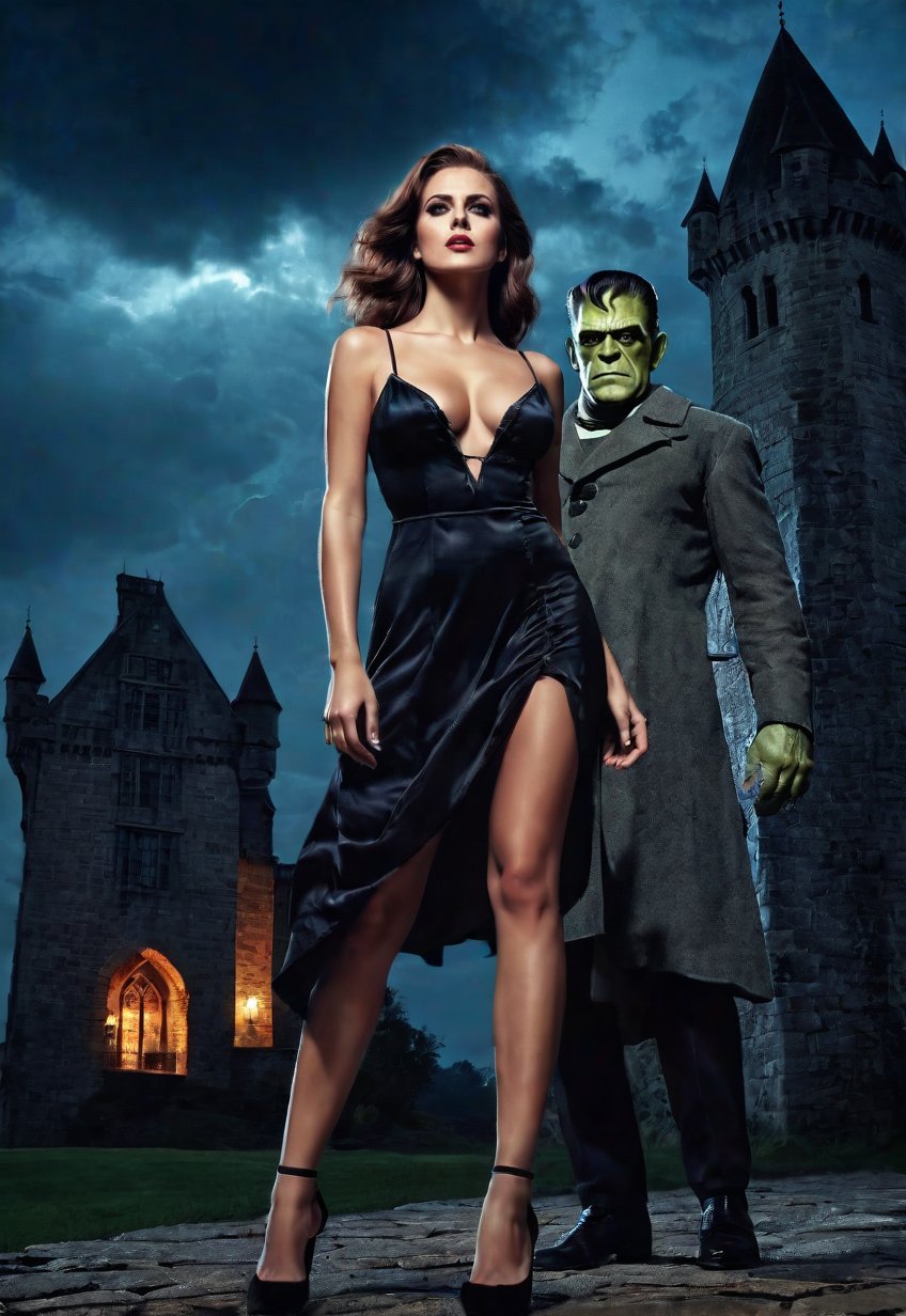 Beautiful English woman and Frankenstein's monster, she standing barefoot, dramatic angle and pose, perfect female anatomy, realistic and detailed, retro horror movie poster style, surreal, spooky old castle at night in thunderbolt sky, masterpiece,