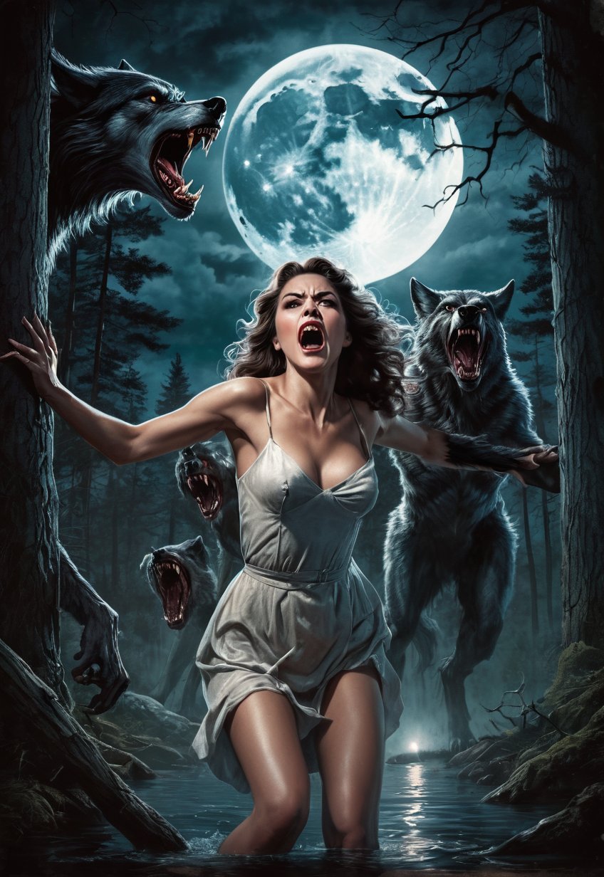 Several ugly werewolves touch and hold the body of a beautiful British woman,  she screams in fear,  dramatic angles and p...