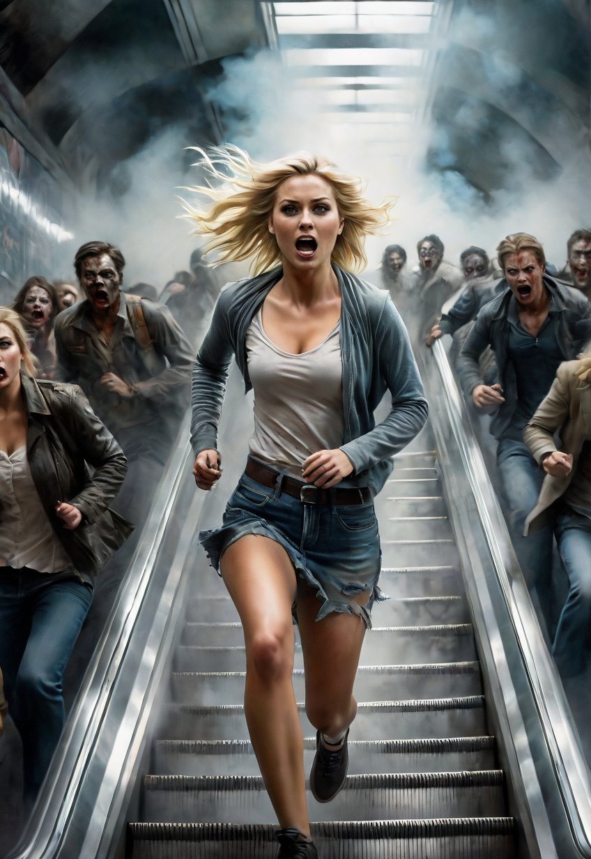 Complex horror movie,  Beautiful blonde j American woman running away up an escalator in the American subway,  Thick smoke...