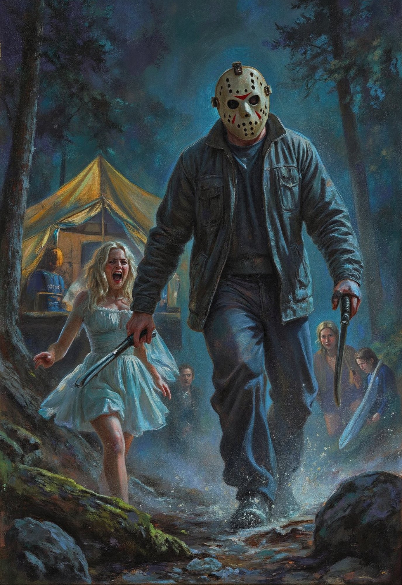 (vintage horror movie),  Friday the 13th,  ((hockey masked machete killer Jason Voorhees chases a blonde wman screaming in...