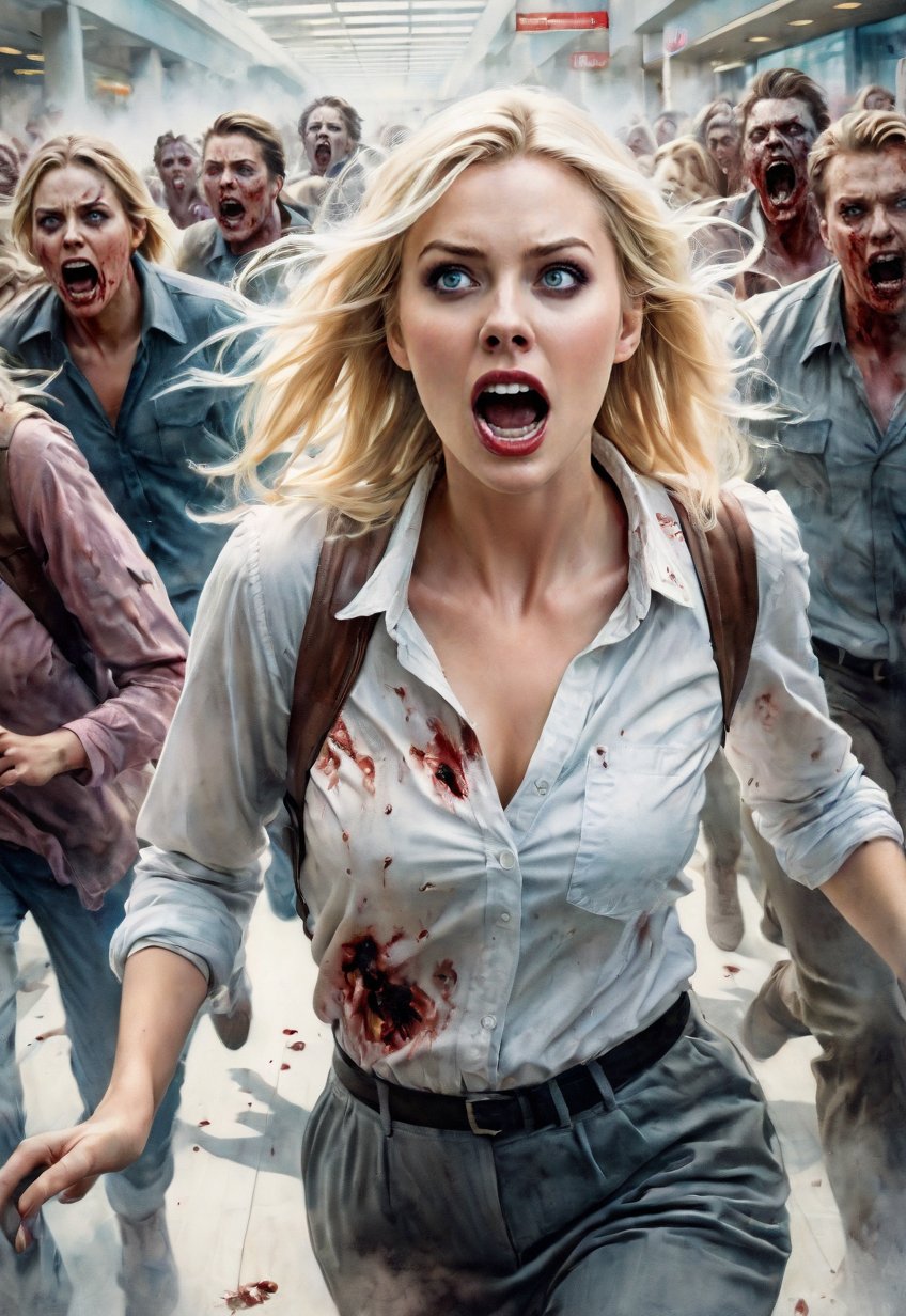 Complex horror movie,  Beautiful blonde j American woman fleeing through an American shopping mall,  (Close up angle) by D...
