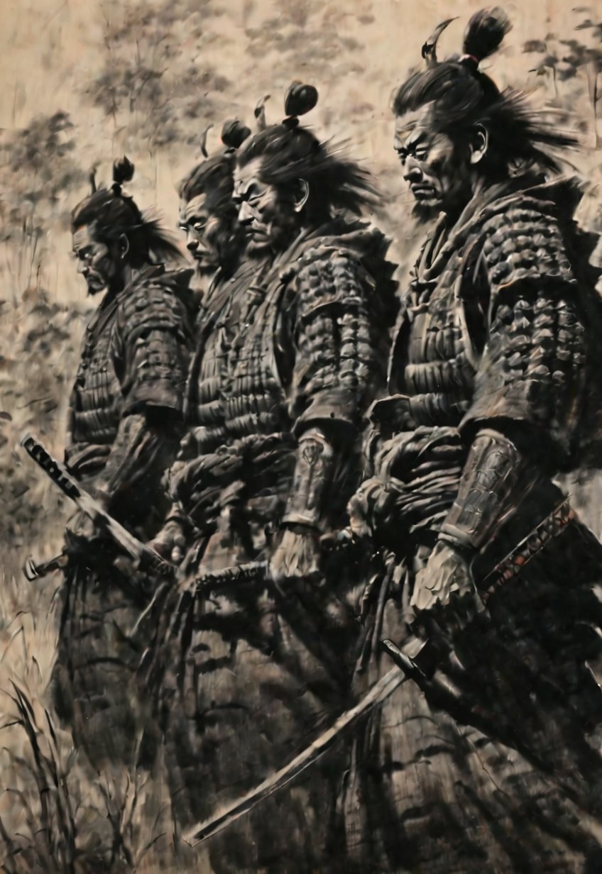 ((Seven Japanese samurai standing side by side in the wilderness)), excellent image quality, exquisite detail, charcoal drawing, charcoal, popular Japanese action manga, ink painting, Japanese plains, holding swords, glowing eyes, fearless heroism, warriors