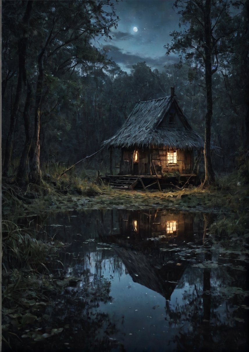 Landscape,  creepy swamp pond in the forest at night,  small hut on the shore by Draqulore on Tensor.Art