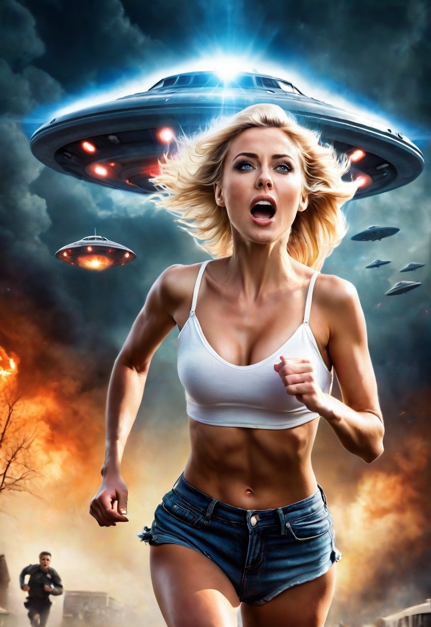 30 year old topless beautiful blonde British woman running away from being chased by a UFO,  eyes and mouth wide open in f...