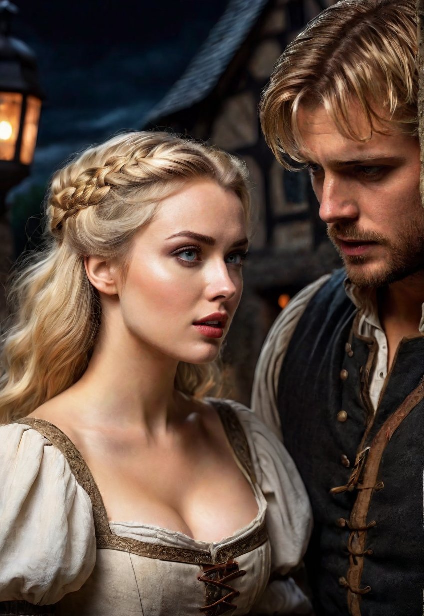 medieval europe,  in a nighttime street,  a beautiful blonde English woman talking a man by Draqulore on Tensor.Art