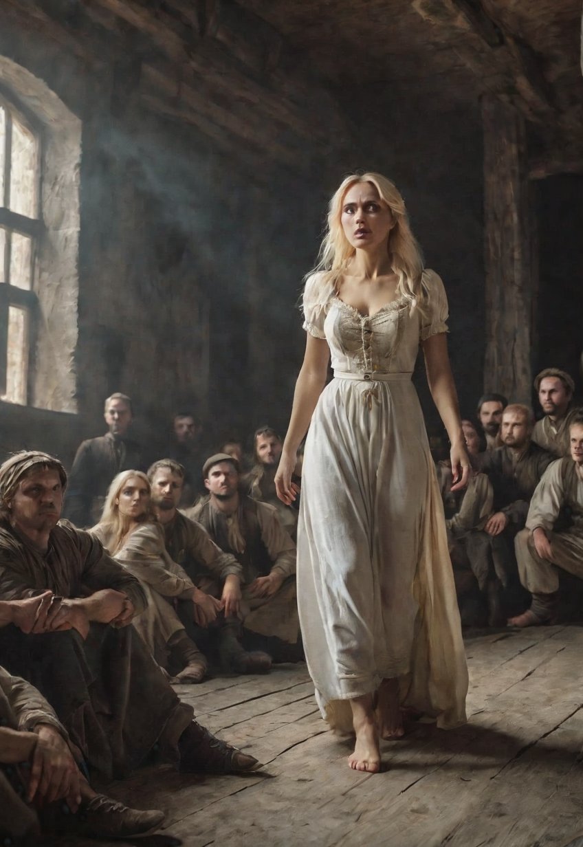 1830s,  blonde Ukrainian woman with creepy townsfolk,  She is terrified by Draqulore on Tensor.Art