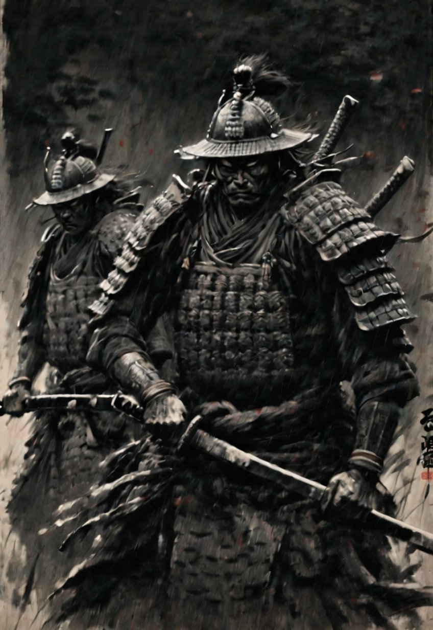 ((Seven Japanese samurai standing side by side in the wilderness)), no armor, ((front angle)), excellent image quality, exquisite detail, charcoal drawing, charcoal, popular Japanese action manga, ink painting, pouring rain, Japanese plains, holding swords, glowing eyes, fearless heroism, warriors