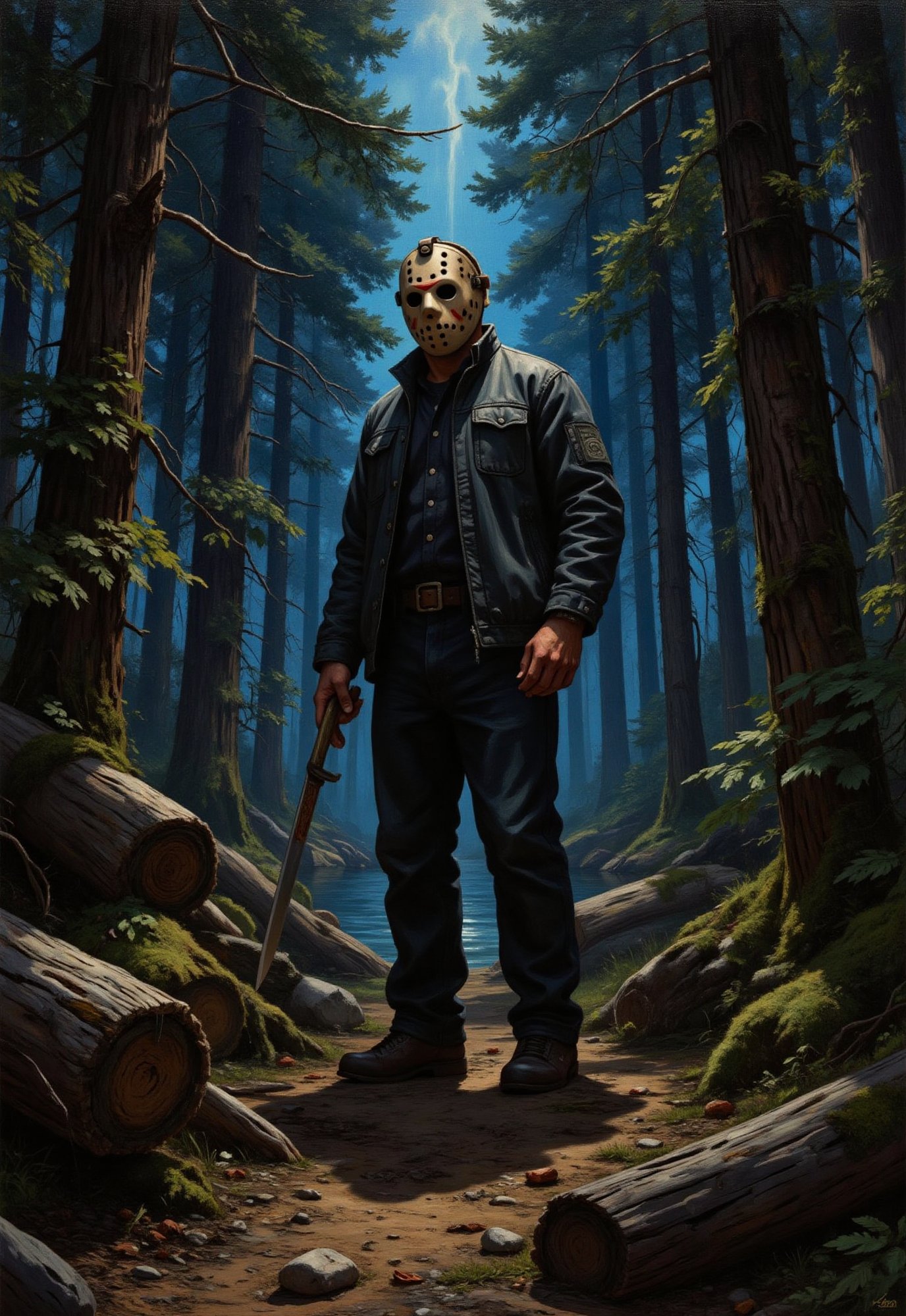 (vintage horror movie),  Friday the 13th,  ((Jason Voorhees in a hockey mask holding a machete in a spooky forest)) by Dra...