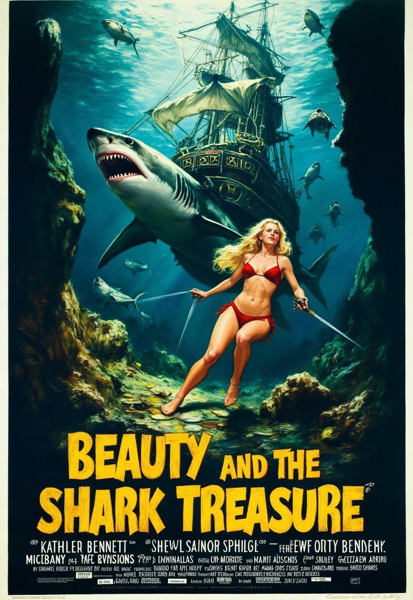 (modern adventure movie poster: 1.3), (big title, Beauty and the Shark Treasure, subtitles: 1.3), (Kathleen Bennett: 1.3), (main image, a beautiful blonde bikini woman explores the ocean floor. she finds a sunken ship filled with gold and silver treasure, but sharks are swarming all around: 1.2), A creepy sunken ship overlaps,pavsok Style