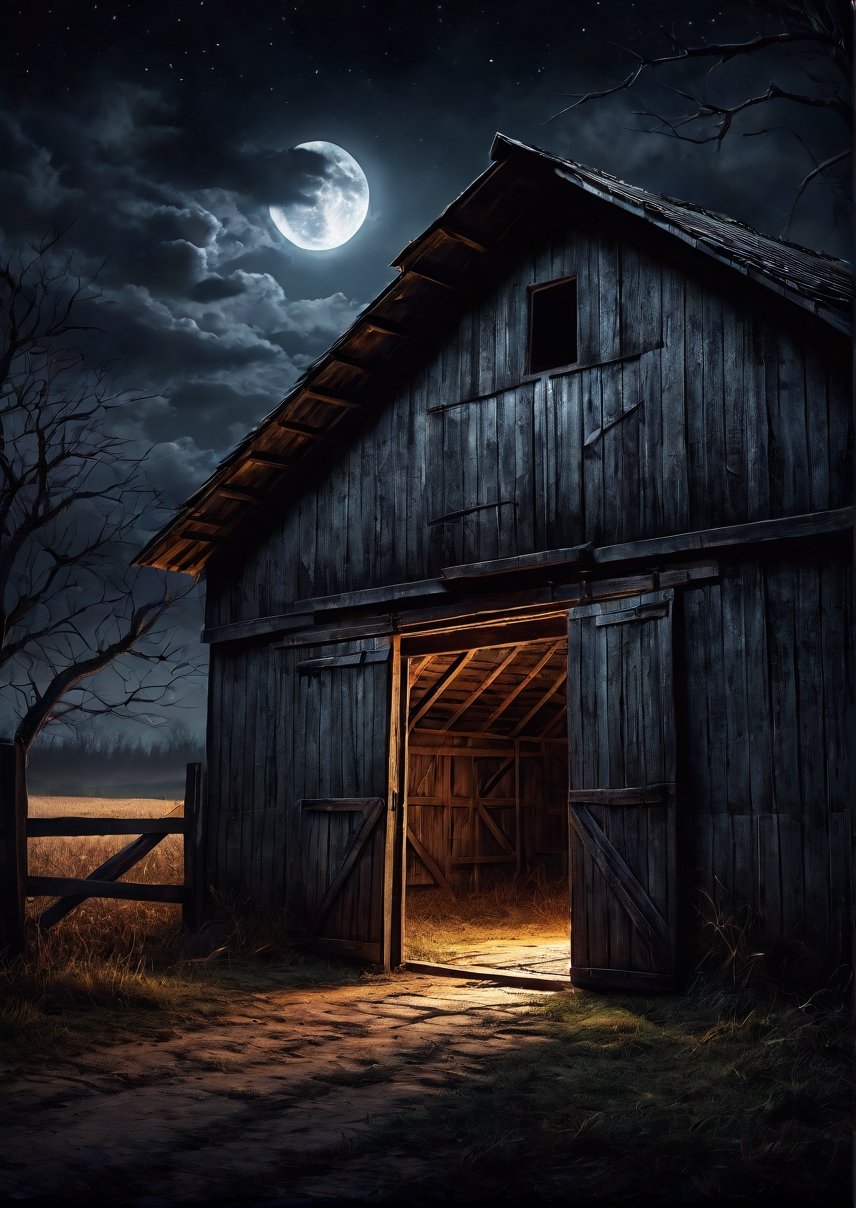 Landscape,  creepy and closed small barn interior at night,  dramatic angles by Draqulore on Tensor.Art