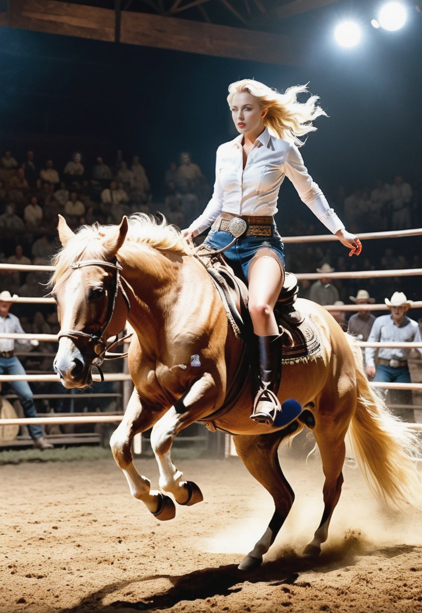 1930s, blonde Ukrainian woman rides a rodeo horse and makes a big fight, bare feet, dramatic angles and poses, perfect female anatomy, realistic and detailed, horror movie style, surreal, ranch large A masterpiece on stage,