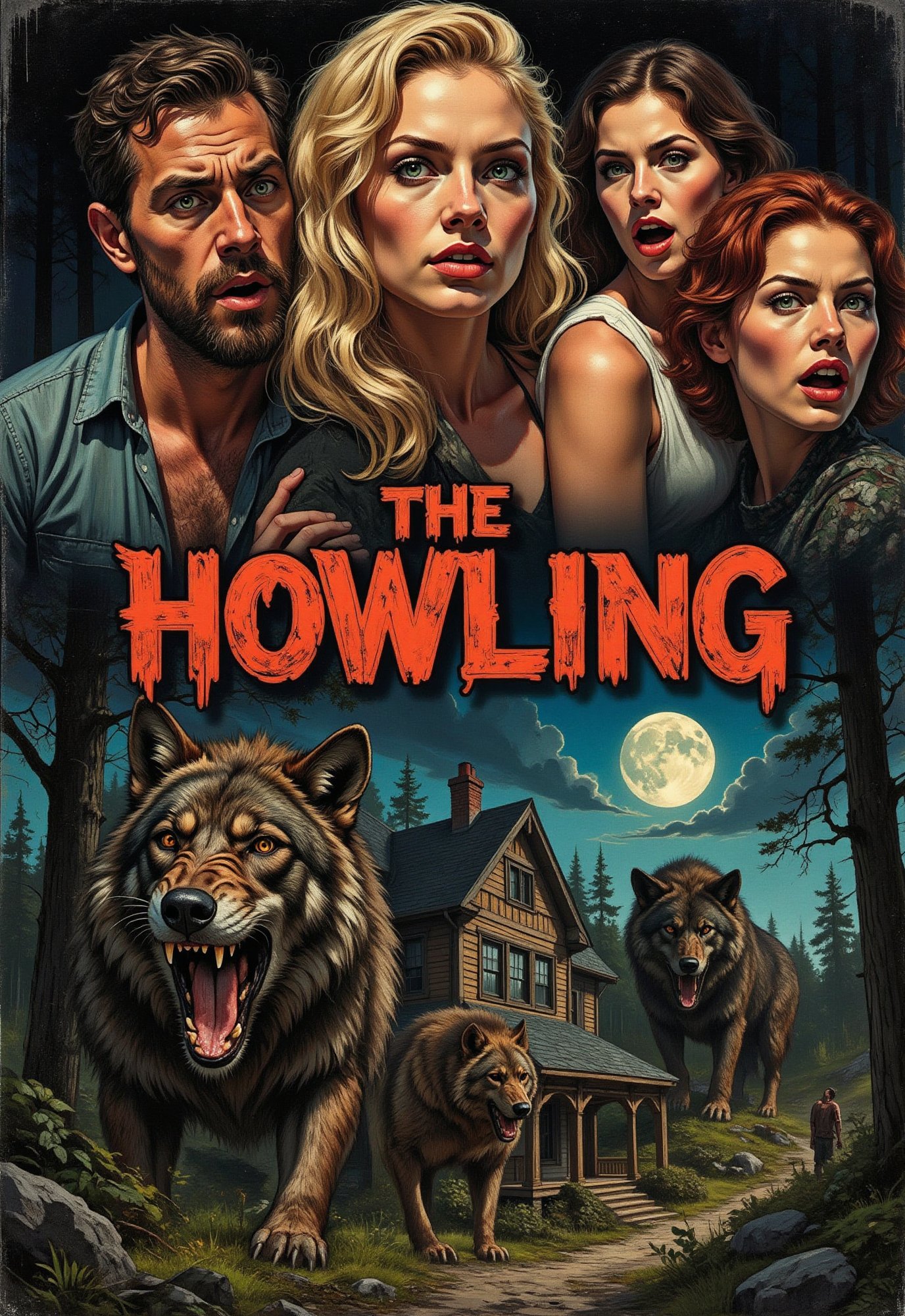 (vintage horror movie poster),  (big title,  THE HOWLING) by Draqulore on Tensor.Art