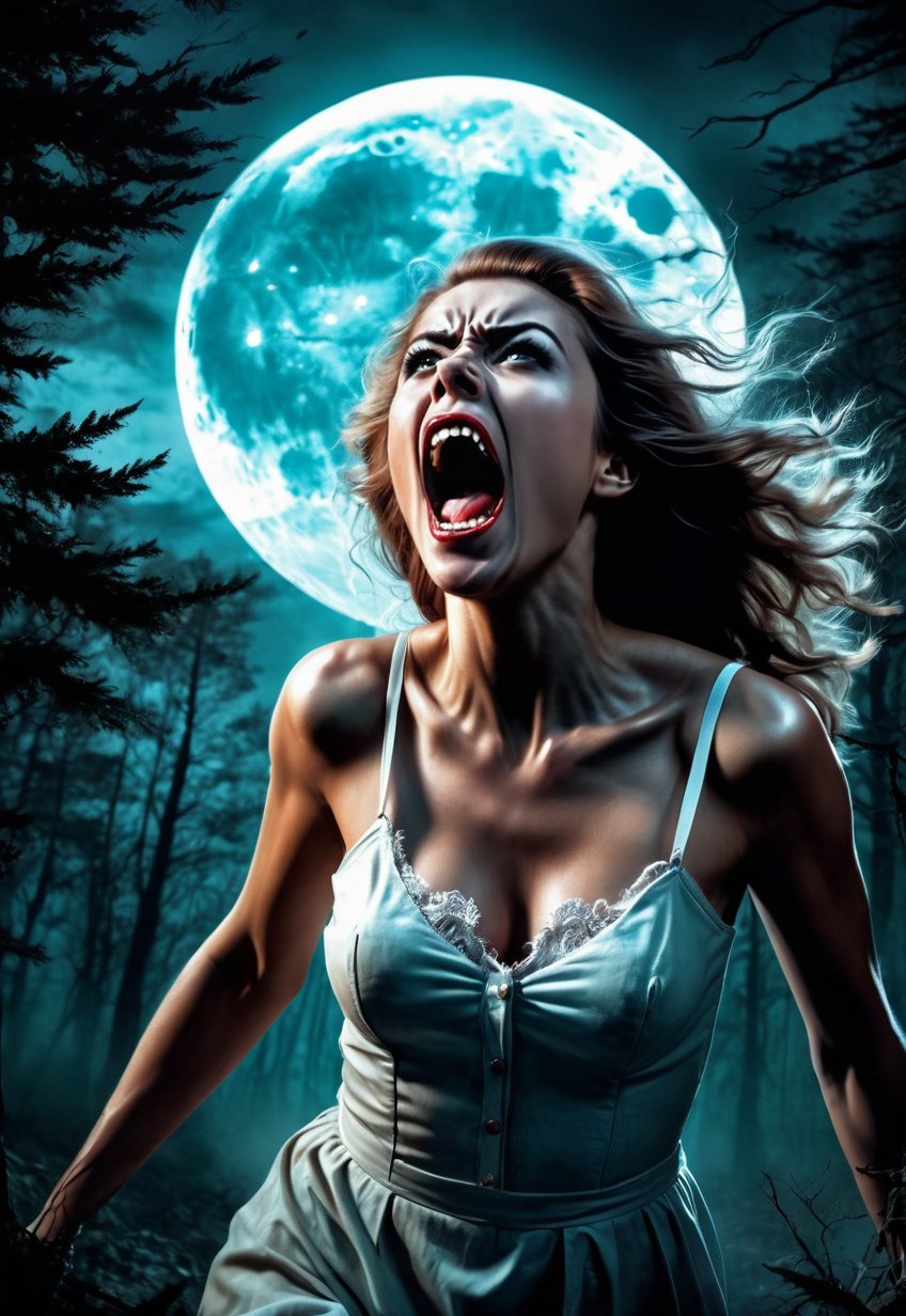 ugly werewolf attack of a beautiful British woman,  she screams in fear,  dramatic angles and poses by Draqulore on Tensor...