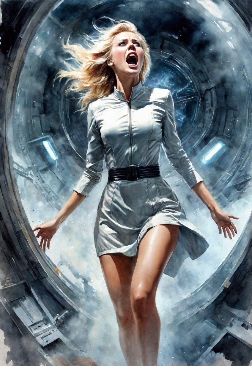 Complex sci-fi horror film,  (full body angle),  beautiful blonde American woman attacked by creepy alien in a spaceship b...