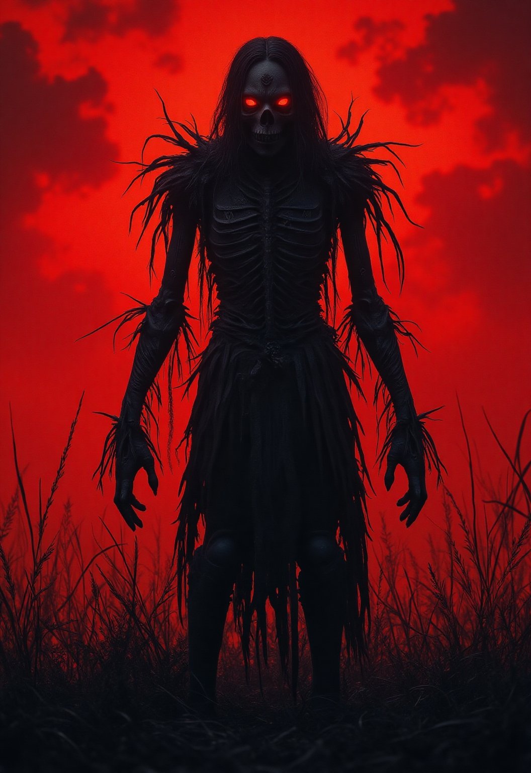 An eerie scarecrow stands silhouetted against a bold, blood-red sky, its form almost entirely shrouded in shadow. The intensity of the setting creates an overwhelming sense of drama and danger that exudes an unfathomable sense of dread and menace. The jagged black grass beneath his feet seems to grow out of the darkness itself, blending seamlessly with the scarecrow's shadowy form as the ground seems to pull the viewer into the night sky.