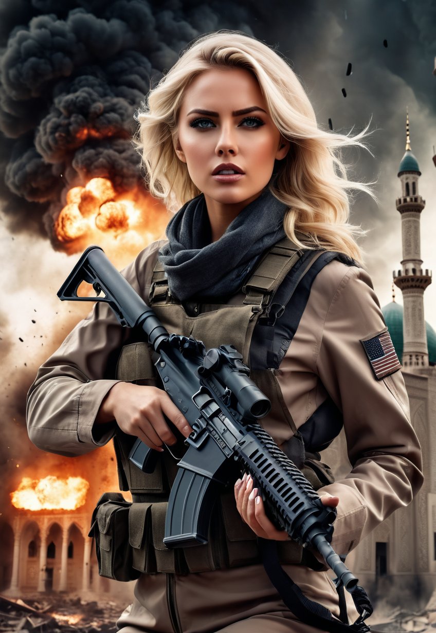 Beautiful American blonde woman in killer style, machine gun in hand, in front of an exploding mosque, ominous sky, dramatic angle, realistic and detailed horror movie style, surreal, masterpiece,