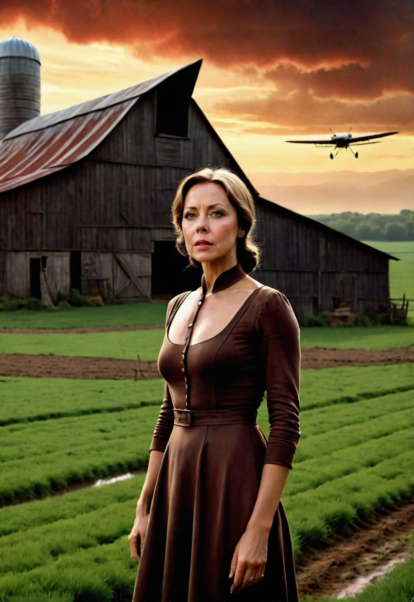 1930s,  a Jenny Agutter stands on a farm site with a creepy barn (in full view of the landscape),  (highly detailed HD) by...