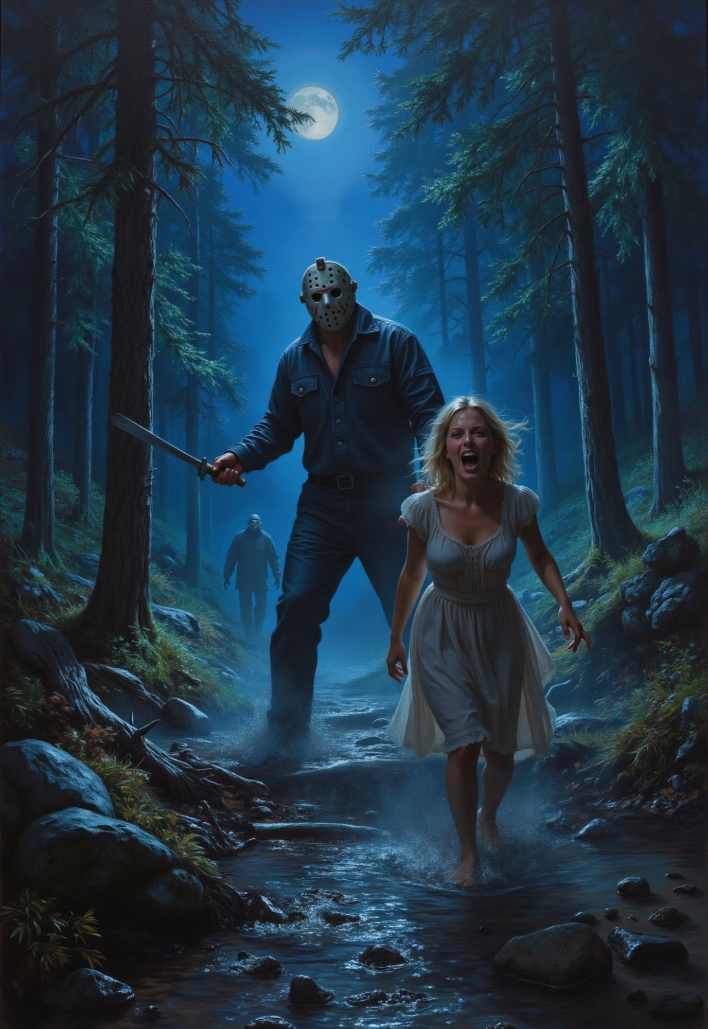 (vintage horror movie),  Friday the 13th,  ((hockey masked killer Jason Voorhees swinging a machete chasing a blonde girl...