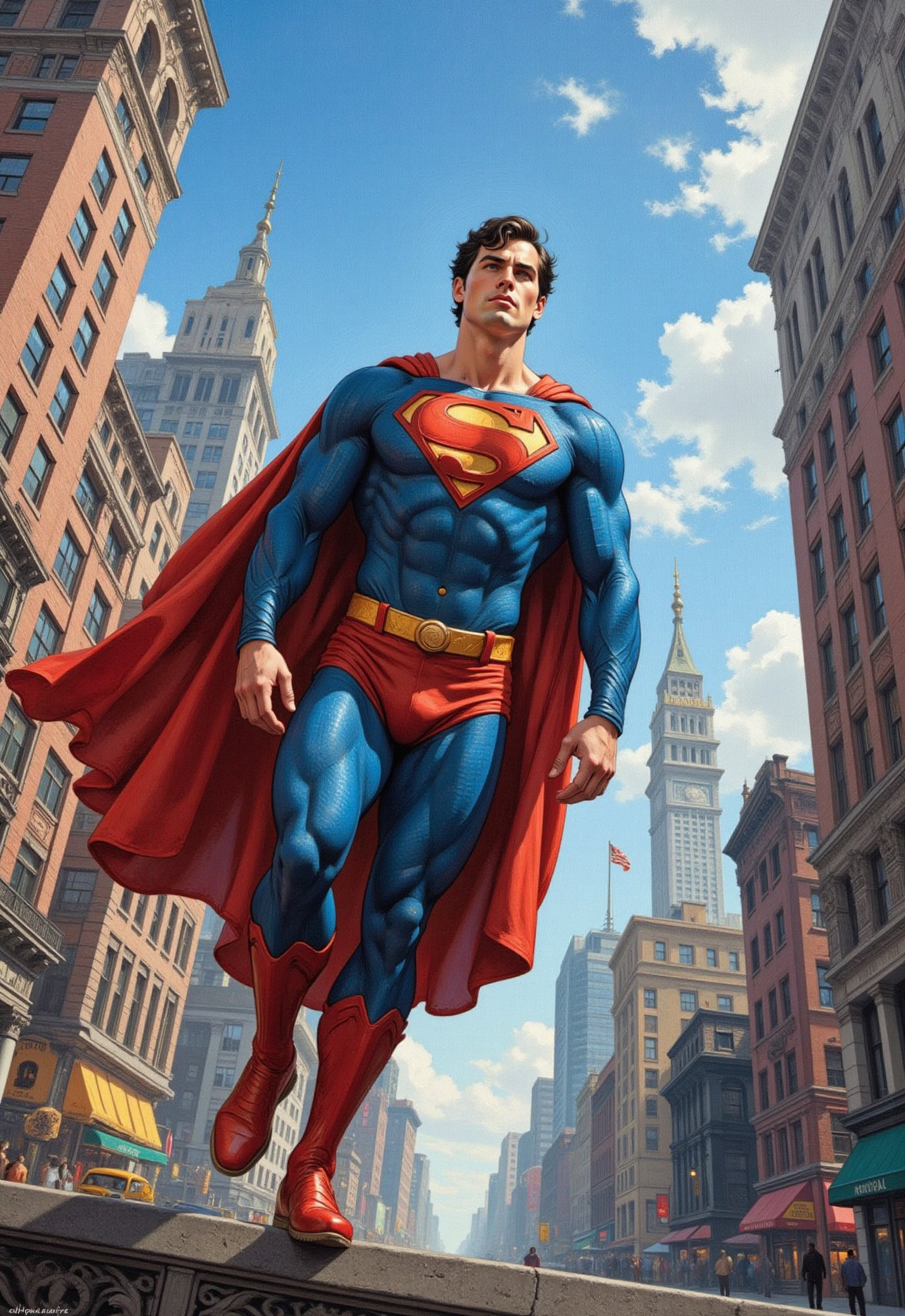 (vintage superhero movie),  ((Superman lstanding in the daylight sky)),  New York City by Draqulore on Tensor.Art