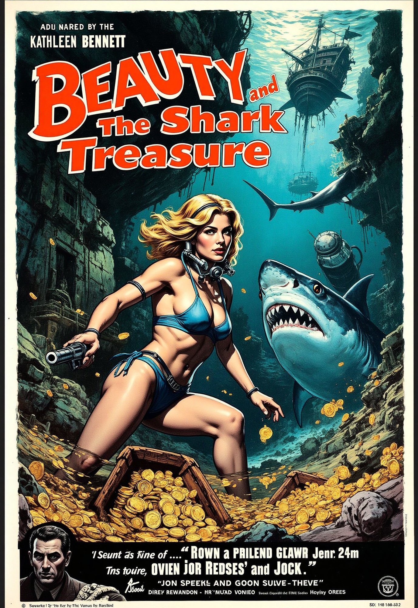 (modern adventure movie poster: 1.3), (big title, Beauty and the Shark Treasure, subtitles: 1.3), (Kathleen Bennett: 1.3), (main image, a beautiful blonde bikini woman with diving gear explores the ocean floor. she finds a sunken ship filled with gold and silver treasure, but sharks are swarming all around: 1.2), a creepy sunken ship and a man with an underwater gun overlaps,illustrated