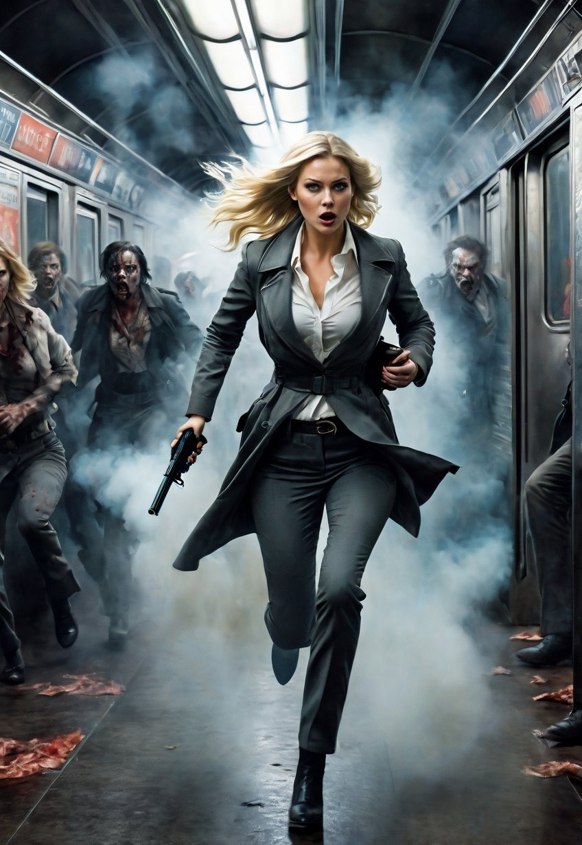 Complex horror film,  Beautiful blonde agent woman running with a gun on the American subway,  Thick smoke by Draqulore on...