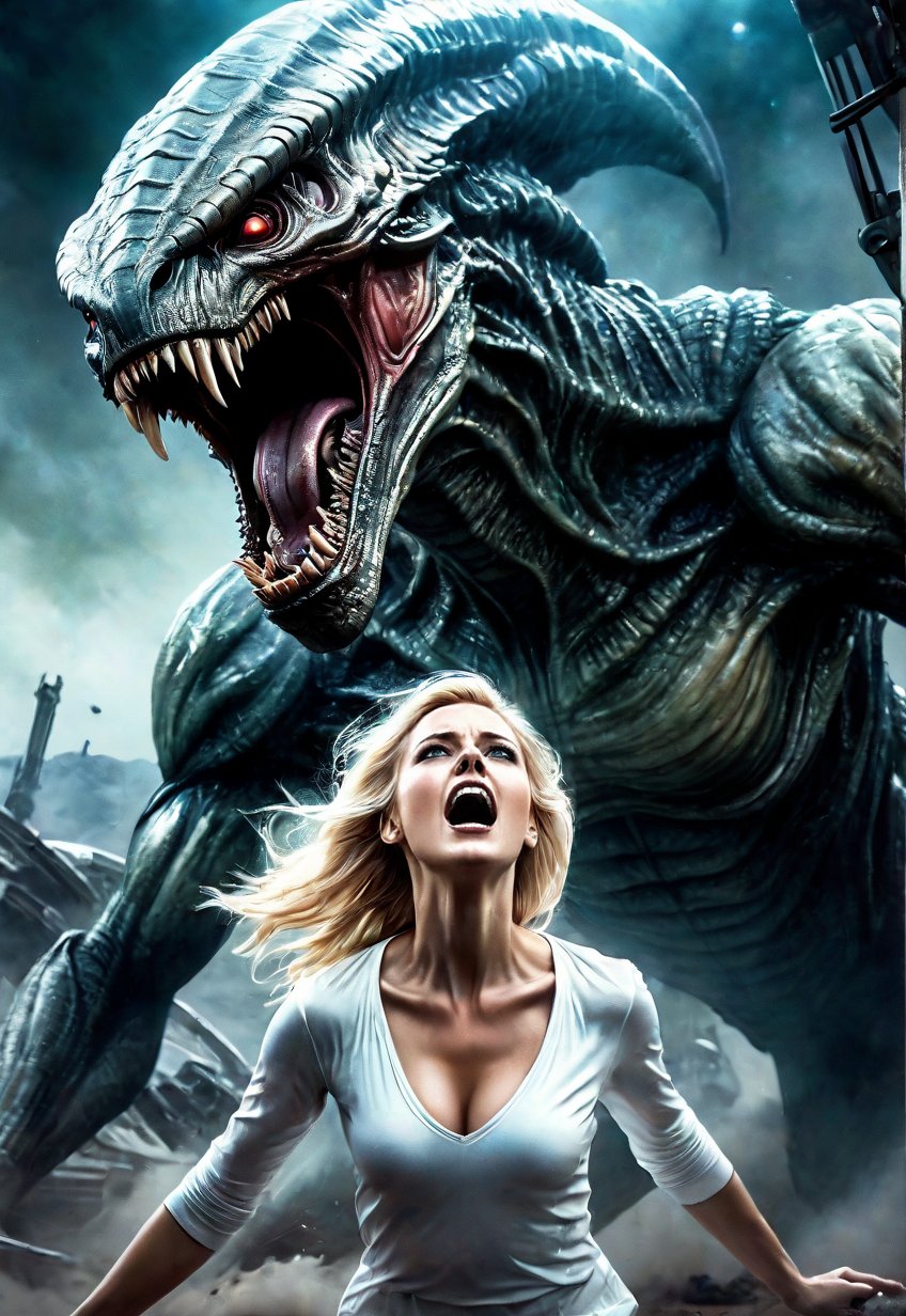 Complex sci-fi horror film,  Beautiful blonde American woman is attacked by creepy alien monster inside a planetary base,...