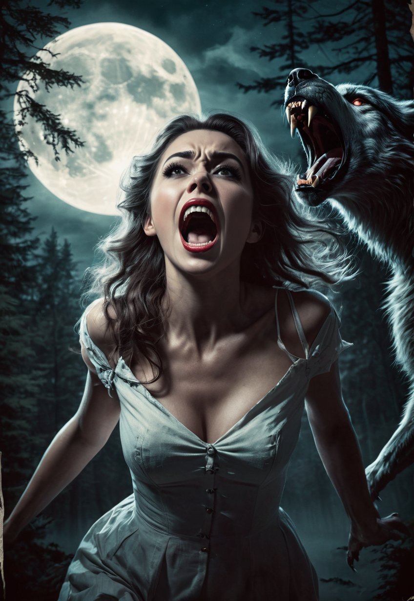 Several ugly werewolves touch and hold the body of a beautiful British woman,  she screams in fear,  dramatic angles and p...