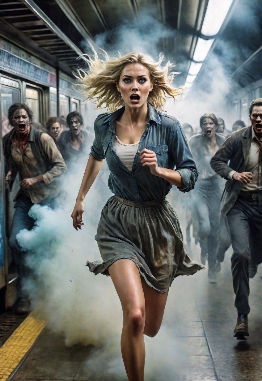 Complex horror movie,  Beautiful blonde j American woman running away in the American subway,  Thick smoke by Draqulore on...