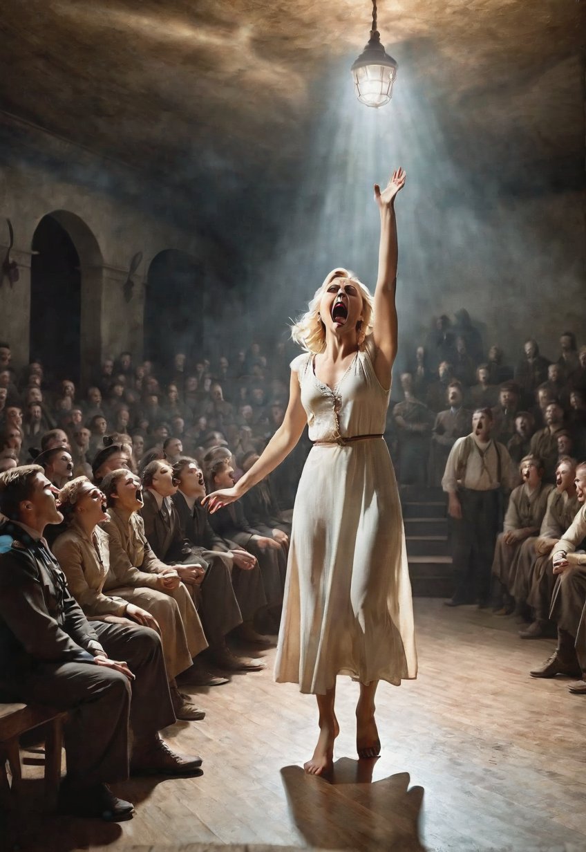 1930s,  blonde Ukrainian woman with creepy townsfolk,  she scream in fear by Draqulore on Tensor.Art
