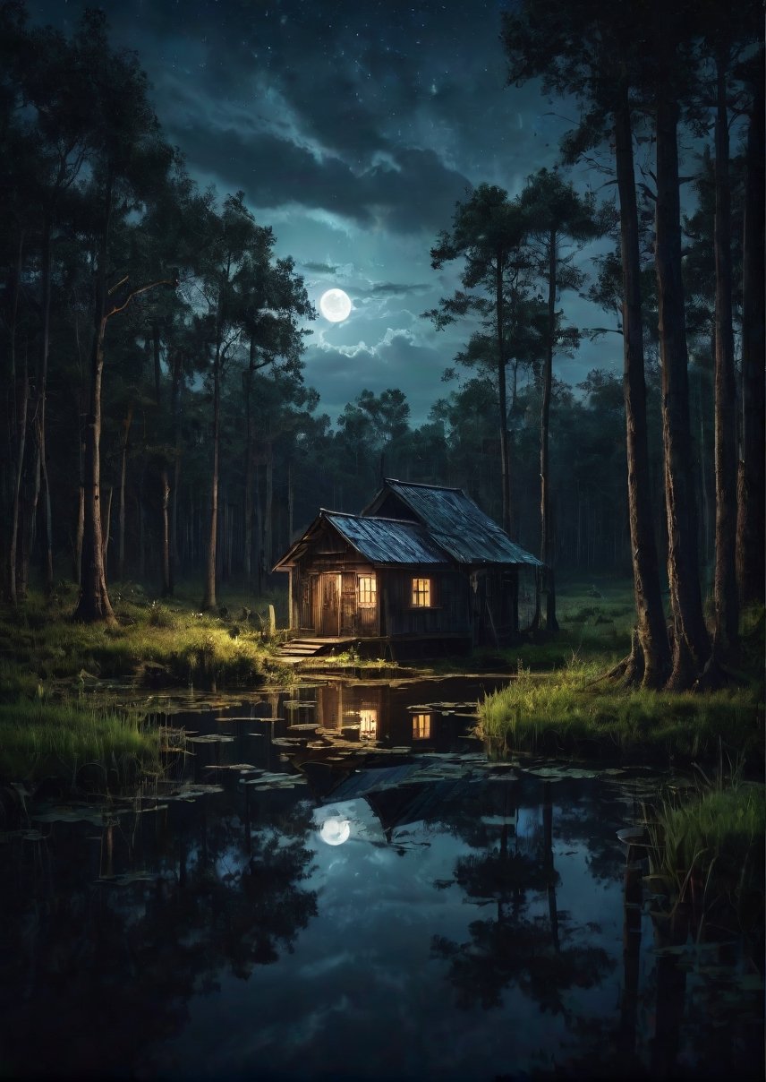Landscape,  creepy little swamp pond in the forest at night,  simple little boathouse on the shore by Draqulore on Tensor.Art