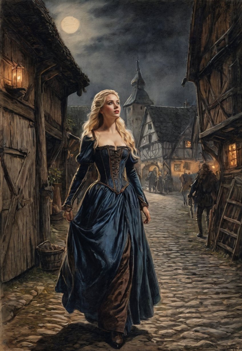 medieval europe,  once upon a time,  in a nighttime street by Draqulore on Tensor.Art