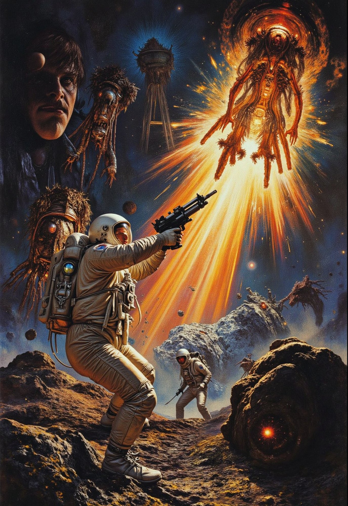 (vintage sci-fi horror film),  ((a male astronaut fights with a ray gun against the evil aliens who have invaded the space...