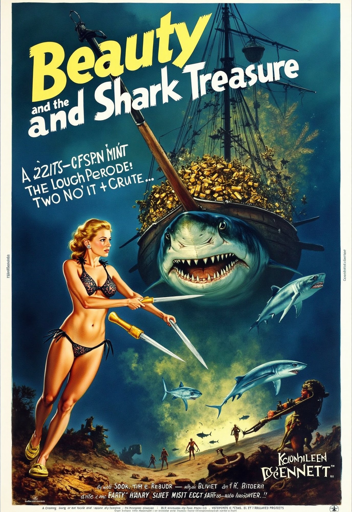 (modern adventure movie poster: 1.3), (big title, Beauty and the Shark Treasure, subtitles: 1.3), (Kathleen Bennett: 1.3), (main image, a beautiful blonde bikini woman with diving gear explores the ocean floor. she finds a sunken ship filled with gold and silver treasure, but sharks are swarming all around: 1.2), a creepy sunken ship and a man with an underwater gun overlaps