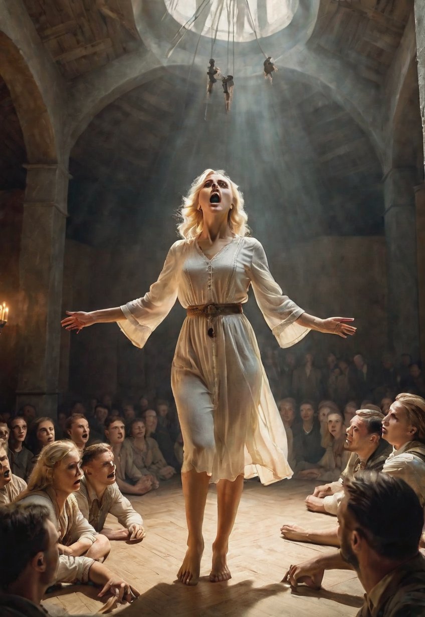 1930s,  blonde Ukrainian woman with creepy townsfolk,  she is terrified by Draqulore on Tensor.Art