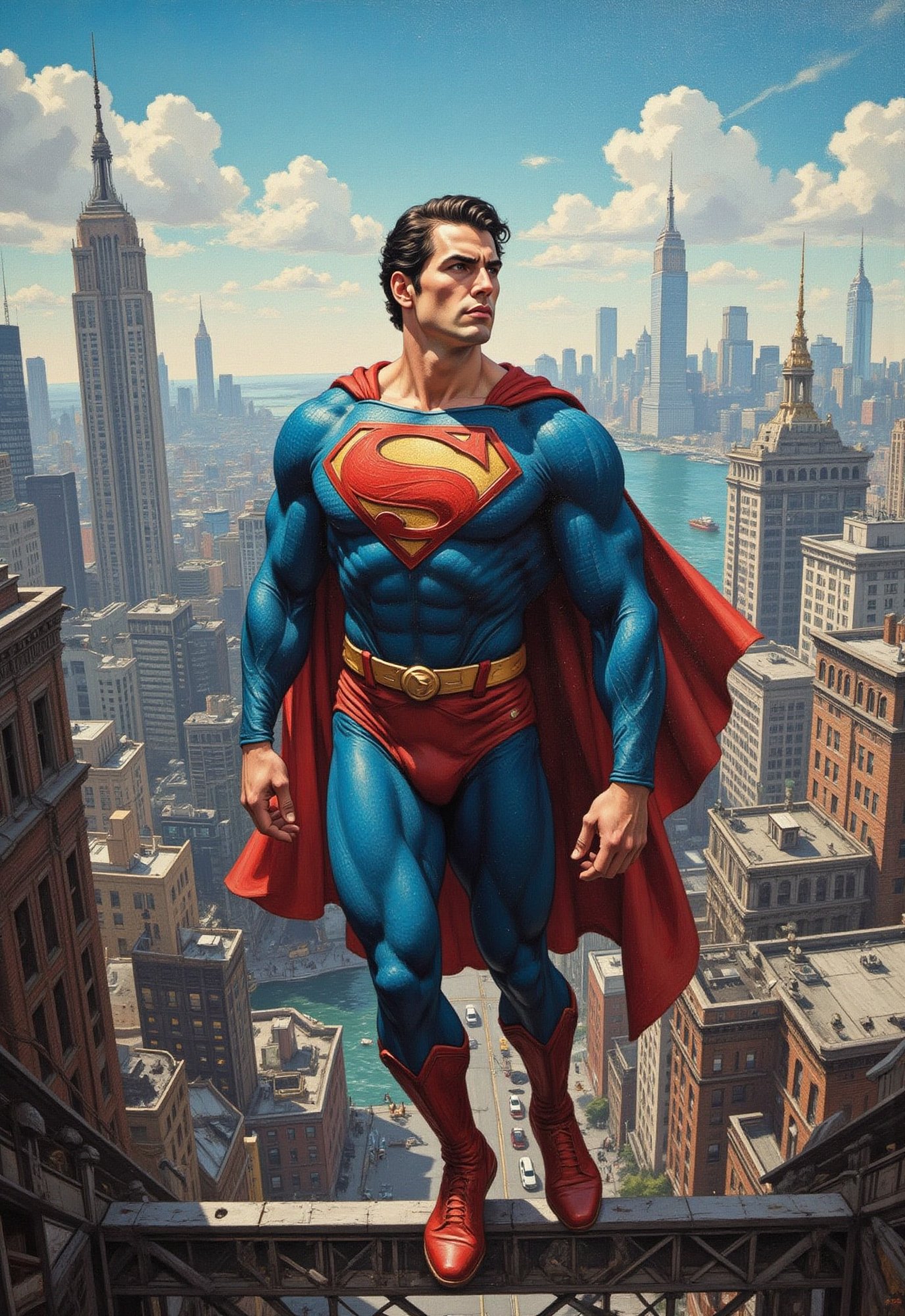 (vintage superhero movie),  ((Superman lstanding in the daylight sky)),  New York City by Draqulore on Tensor.Art