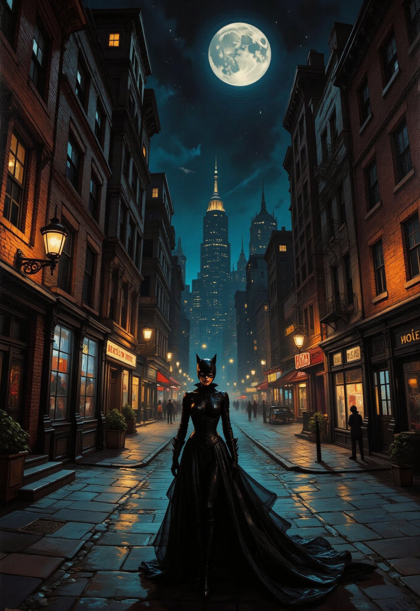 (vintage superhero movie),  ((Catwoman standing in the spooky night sky)),  no mant by Draqulore on Tensor.Art