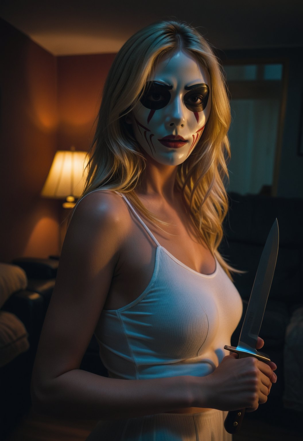 a beautiful, slender, blonde, 25-year-old American woman flees from a group of men wearing horror masks who suddenly attack her, hiding behind a sofa in her room and standing guard with a knife, ((close-up angle)), (her face stiffens in fear of the men wearing horror masks who have broken into her house), a creepy crime at night, men searching for residents in the dark overlap in the background