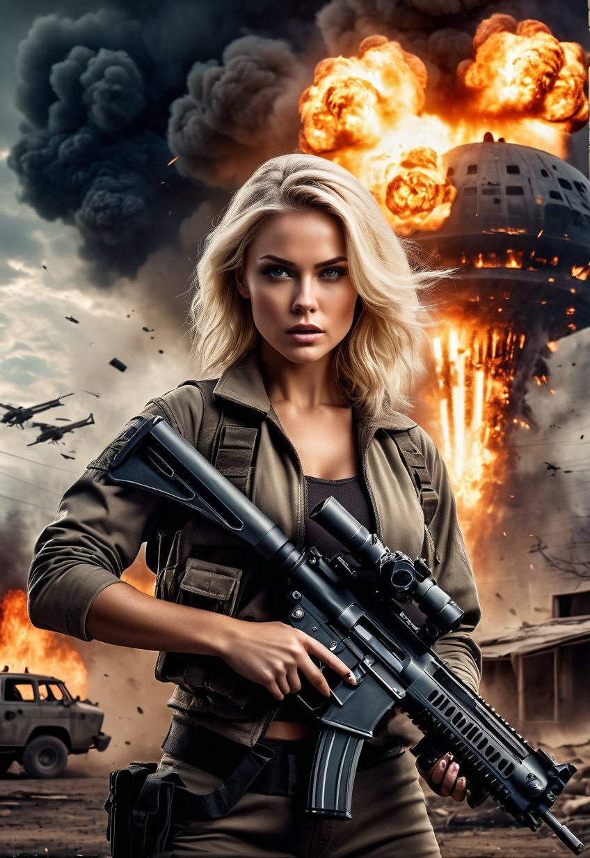 Beautiful American blonde woman with machine gun in hand,  in front of an exploding and burning alien secret base,  ominou...