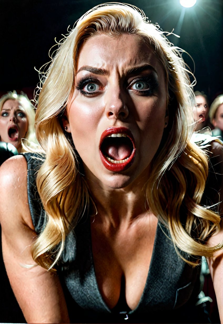 beautiful blonde British woman,  she open ayes wide and screams in fear. dramatic angle and pose,  realistic detailed horr...