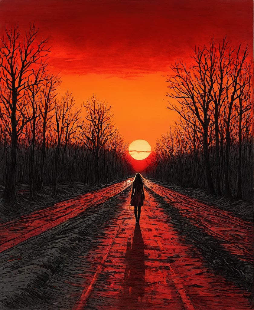 A complex horror film, a nightmare, a beautiful American woman walking down a straight road, dead trees on both sides, moldy and rotten earth, blood-red sunset, cinematography, raw photographs, pencils, oil paints, Grzegorz. Rosinski, Gabriele Delotto, pencil sketch, pencil sketch