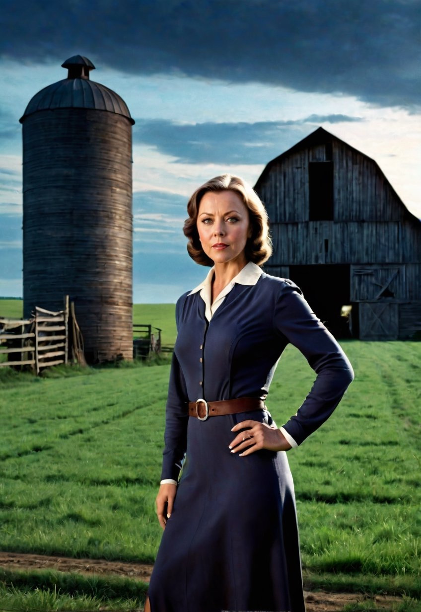 1930s,  a Jenny Agutter stands on a farm site with a creepy barn (in full view of the landscape),  (highly detailed HD) by...