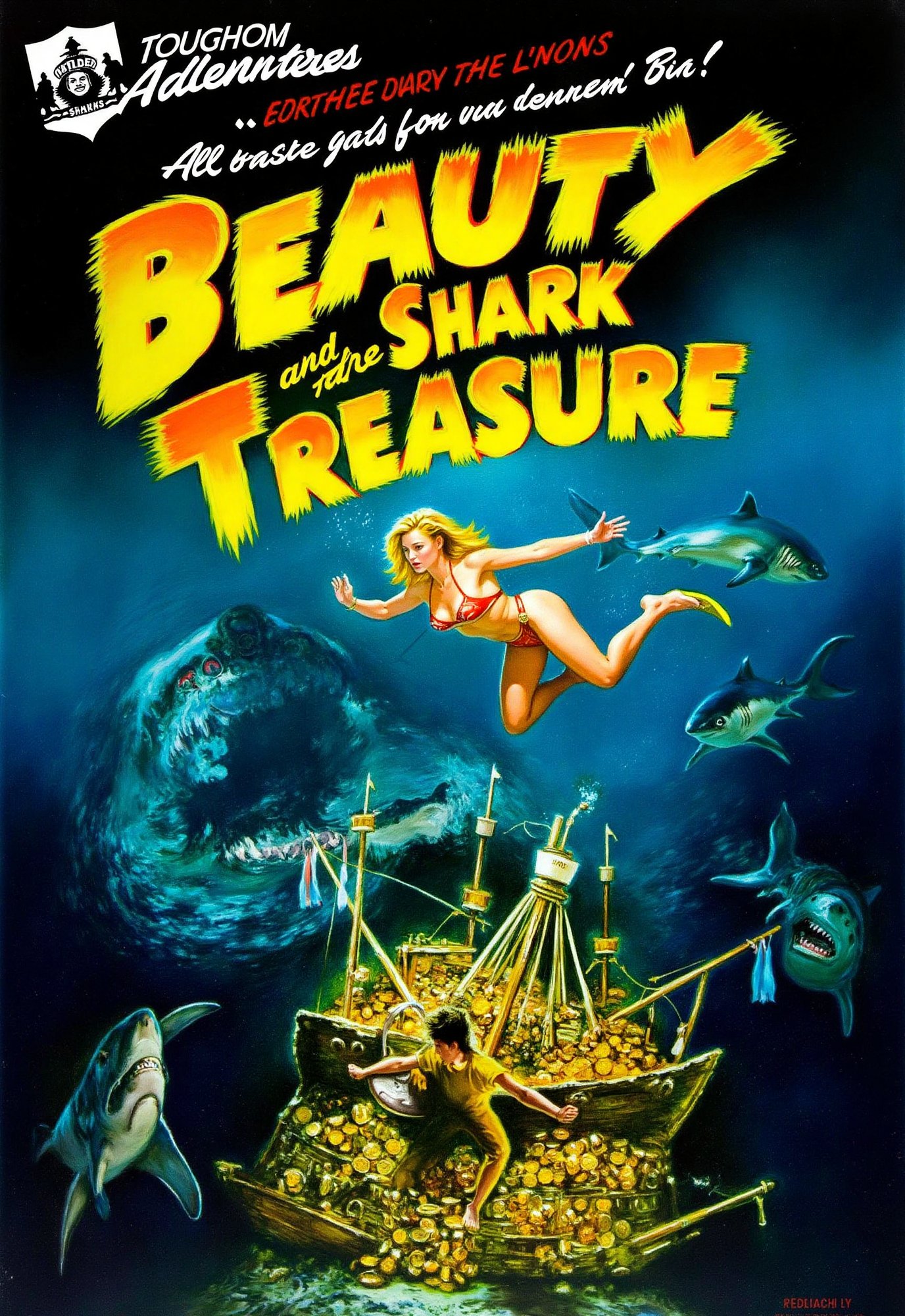 (modern adventure movie poster: 1.3), (big title, Beauty and the Shark Treasure, subtitles: 1.3), (Kathleen Bennett: 1.3), (main image, a beautiful blonde bikini woman with diving gear explores the ocean floor. she finds a sunken ship filled with gold and silver treasure, but sharks are swarming all around: 1.2), a creepy sunken ship and a man with an underwater gun overlaps,pavsok Style