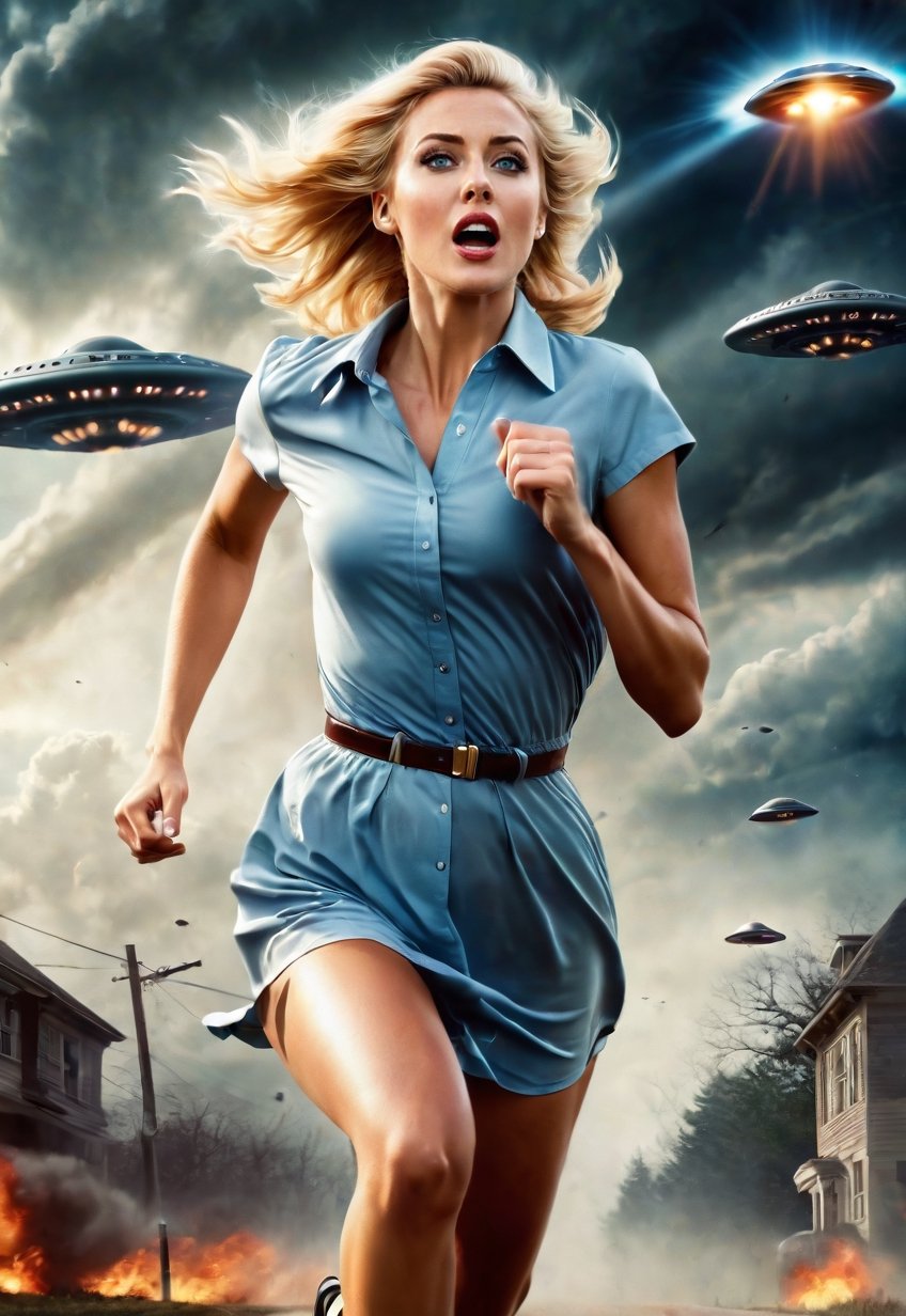 2250s,  30 year old beautiful blonde British woman running away from being chased by a UFO,  eyes and mouth wide open in f...