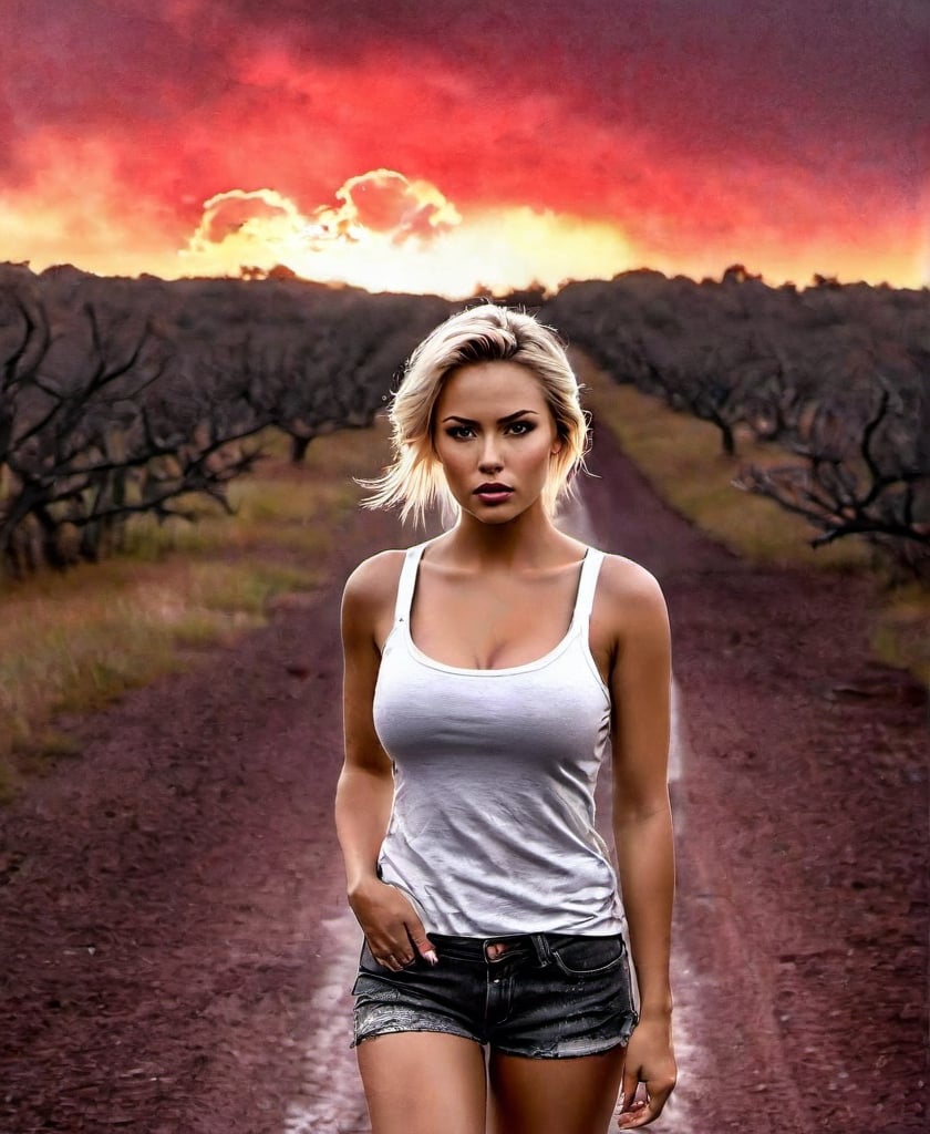 A complex horror movie, a nightmare, a beautiful blonde American woman walking down a narrow road, a worried expression, a white tank top and jeans shorts, a portrait, the ground on both sides is dead trees, moldy and rotten ground, it looks like blood red sky at sunset, one wide eye staring at her in the sky, movie poster style, cinematography, raw photography, watercolor, pencil drawing, Grzegorz Rosinski, Gabriele Delotto, pencil sketch,uniformsbodypaint,Extremely Realistic,Masterpiece