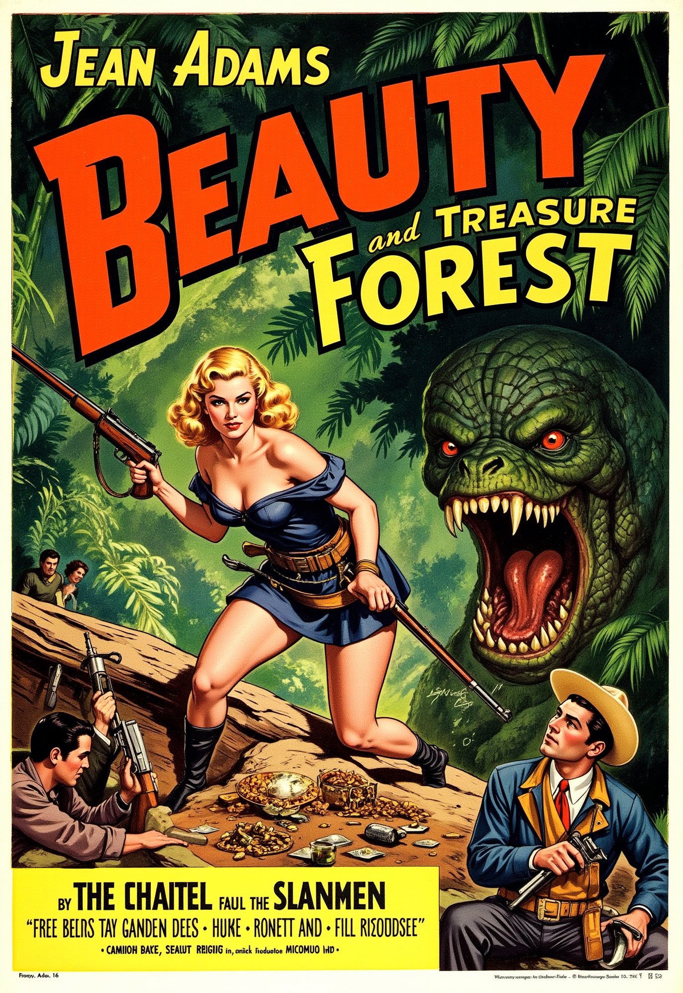  (modern adventure movie poster: 1.3), (big title, Beauty and the Treasure Forest, subtitles: 1.3), (Jean Adams: 1.3), (main image, a beautiful blonde explorer woman is exploring a hidden area of ​​the jungle. overlapping with a scene of a man fighting with a rifle against a giant monster that attacks her in a cave full of treasures: 1.2),illustrated