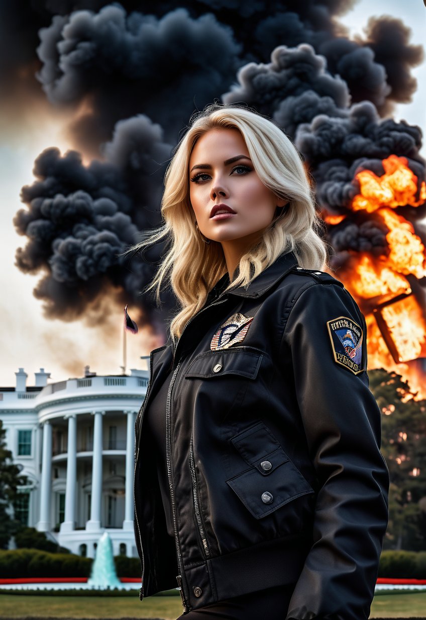 black jacket beautiful american blonde woman, machine gun in hand, in front of the burning American White House presidential residence, eerie sky, dramatic angle, realistic and detailed horror movie style, surreal, masterpiece,