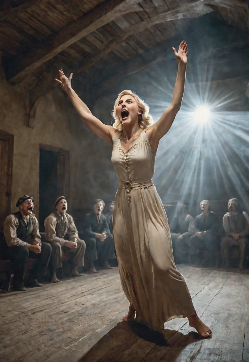 1930s,  blonde Ukrainian woman with creepy townsfolk,  she scream in fear by Draqulore on Tensor.Art